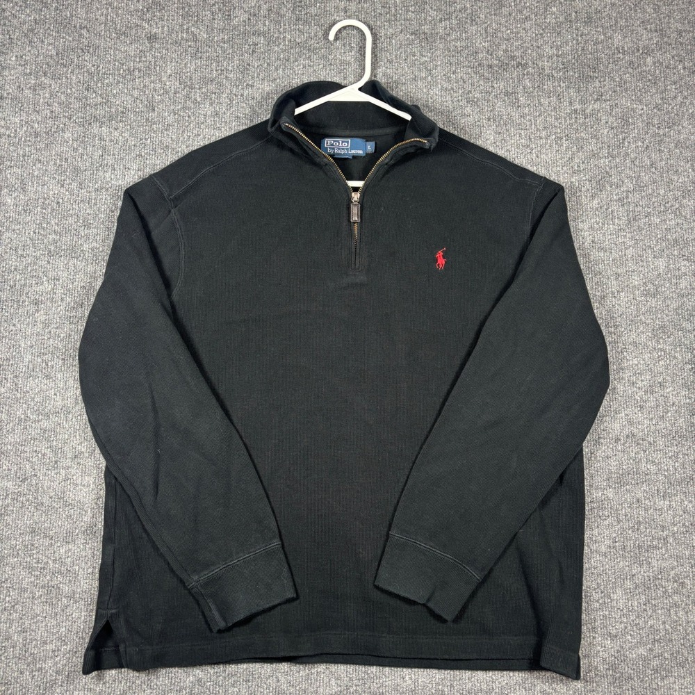Polo Ralph Lauren Quarter Zip Sweater Mens L Black Cotton Knit Pullover Red Pony